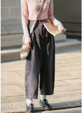 花吉K187灰色半松紧腰宽松阔腿灯芯绒气球裤女2026新款秋冬休闲裤