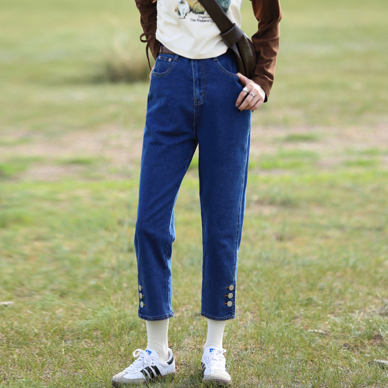 花吉K376深蓝色高腰直筒脚口纽扣九分弹力锥形牛仔裤女2025新款秋