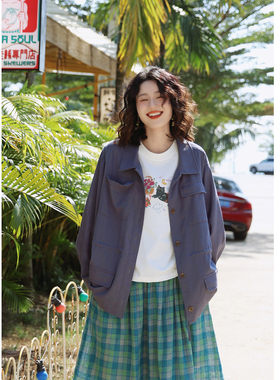 花吉C164蓝莓色亚麻日系口袋宽松收腰长袖工装外套女2026新款春