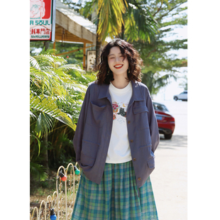 花吉C164蓝莓色亚麻日系口袋宽松收腰长袖工装外套女2026新款春