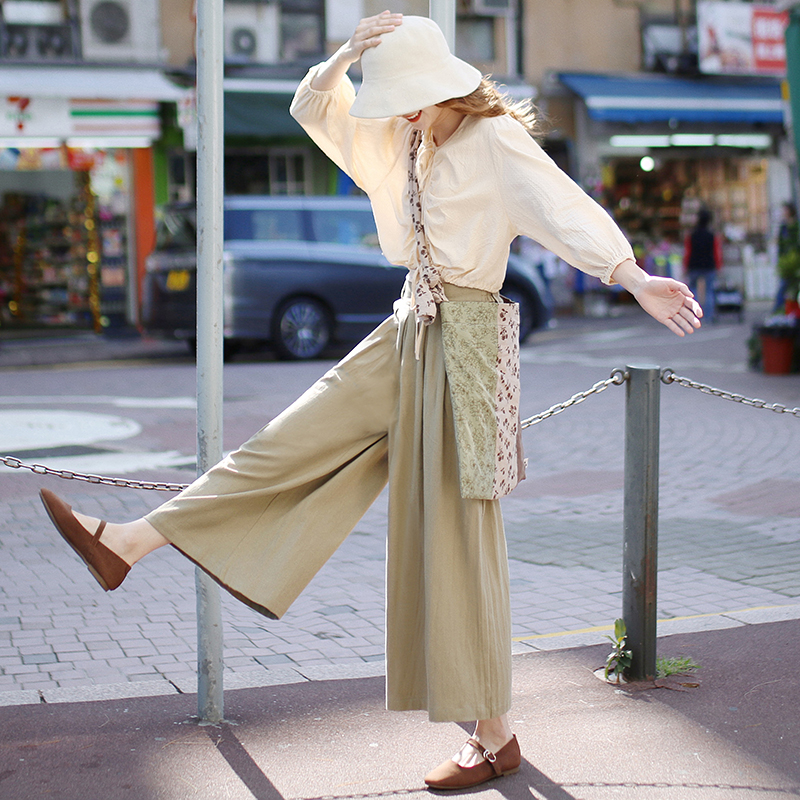 花吉K304牛油果绿色百搭棉麻阔腿裙裤女2025年新款春宽松阔腿裤