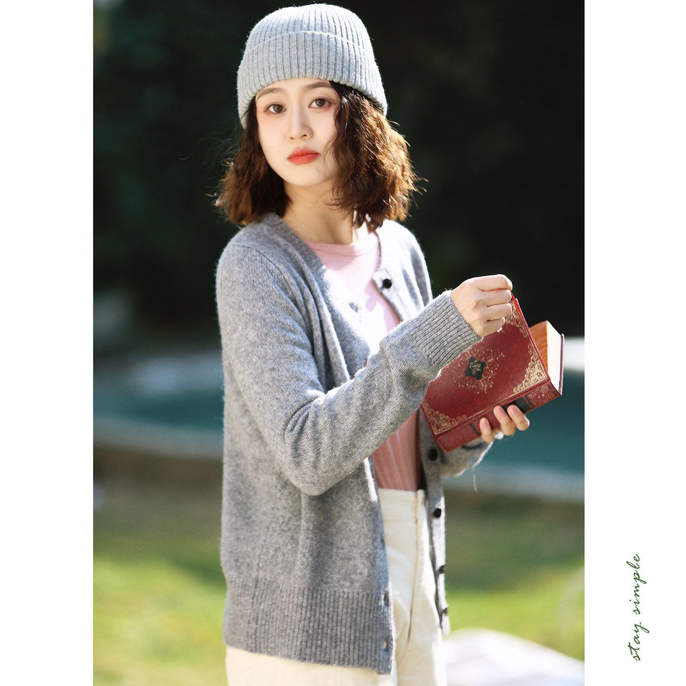 花吉C143灰色小口袋羊绒羊毛圆领开衫女2026新款早春宽松针织衫