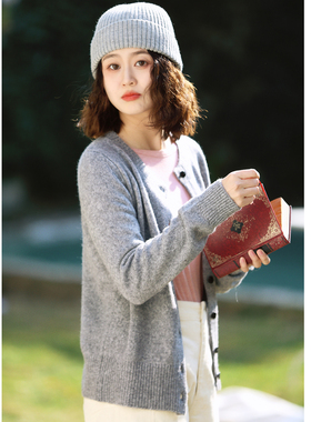 花吉C143灰色小口袋羊绒羊毛圆领开衫女2026新款早春宽松针织衫