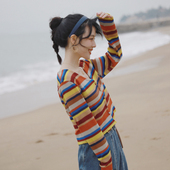 花吉B374彩虹色复古长袖 春条纹针织衫 编织感V领开衫 女2025新款