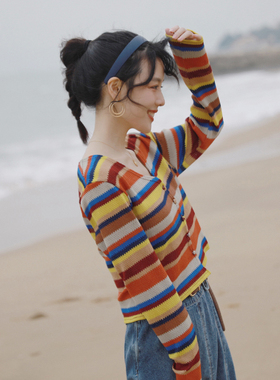 花吉B374彩虹色复古长袖编织感V领开衫女2025新款春条纹针织衫