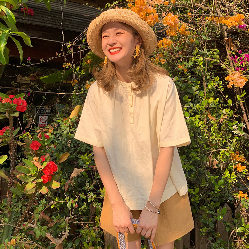 花吉B966杏色暗纹全棉圆领套头半开襟短袖衬衫女2025新款夏衬衣