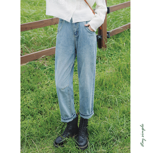 秋九分裤 花吉K259水洗蓝高腰阔腿车缝线锥形香蕉牛仔裤 女2025新款