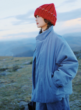 花吉B856矿蓝色灯芯绒冬季立领棉服女2025新款秋冬宽松学院风棉衣