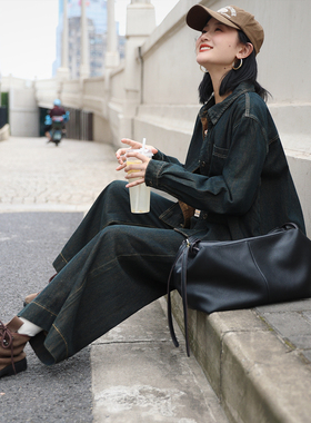 花吉L033蓝色高腰复古宽松阔腿直筒牛仔裤女2026新款秋九分休闲裤