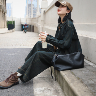 秋九分休闲裤 女2026新款 花吉L033蓝色高腰复古宽松阔腿直筒牛仔裤