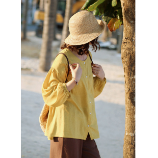 花吉C167凤梨黄日系砂洗柔软垂感圆领宽松衬衫 春衬衣 女2026新款