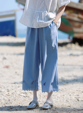 花吉L072奶油蓝高腰镂空贝壳刺绣设计感九分裤女2026新款夏休闲裤