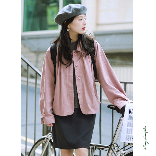 花吉B718石英粉色长袖复古宽松小个子短款风衣女2026新款春外套