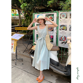 花吉Q391海盐薄荷日系慵懒休闲清爽格纹背心裙2025新款 背心连衣裙