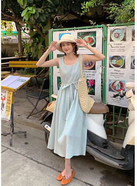 花吉Q391海盐薄荷日系慵懒休闲清爽格纹背心裙2026新款背心连衣裙