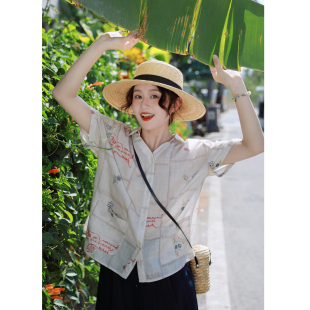 夏宽松衬衣 女2026新款 花吉C159日系复古田园风印花翻边短袖 衬衫