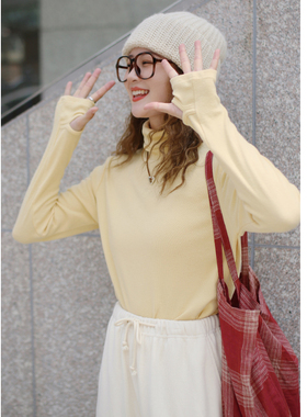 花吉B551黄油色指套螺纹磨毛高领长袖T恤女2026新款秋冬打底衣