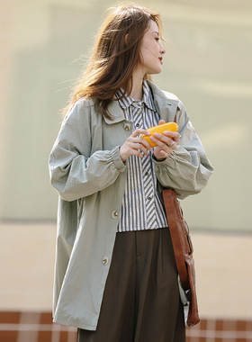 花吉B828灰绿色H型帅气中长款宽松风衣女2025新款早春学院风外套