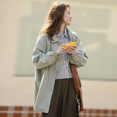 花吉B828灰绿色H型帅气中长款宽松风衣女2026新款早春学院风外套