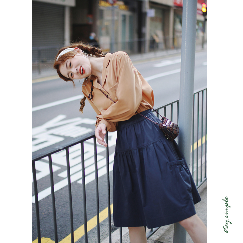 花吉Q462藏青色大口袋灯笼元气小个子宽松工装半身裙2025新款夏