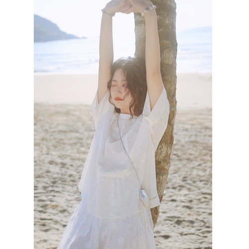 花吉白色日杂活少女满幅绣衬衫