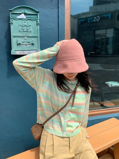 花吉B511青柠绿色混色彩色条纹圆领针织毛衣女2025新款 秋小开衫