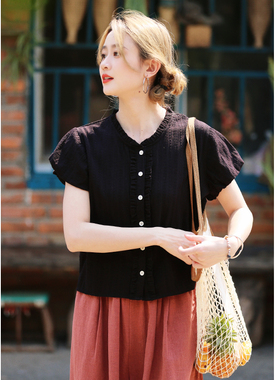 花吉B975黑色泡泡袖纯棉木耳边衬衫女2025新款夏短袖宽松圆领衬衣