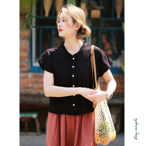 花吉黑色泡泡袖纯棉木耳边衬衫