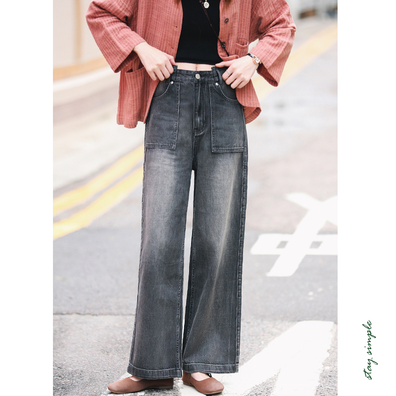 花吉K318黑灰色高腰复古不规则设计牛仔直筒裤女2025新款春牛仔裤