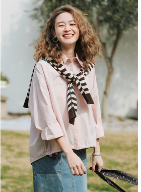 花吉B955肉粉色水洗棉下摆可调节工装宽松衬衫女2025新款春衬衣