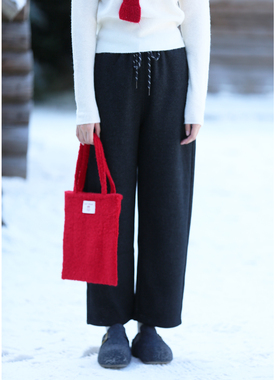 花吉L065黑色加绒醋酸羊毛系带松紧腰奶奶裤女2025新款秋冬休闲裤