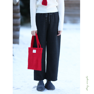 秋冬休闲裤 花吉L065黑色加绒醋酸羊毛系带松紧腰奶奶裤 女2025新款