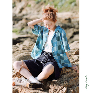 夏格子短袖 女2026新款 宽松衬衣 领文艺方格衬衫 花吉B984蓝绿色西装