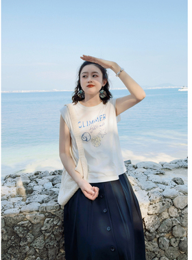 花吉C173白色贝壳印花日系无袖宽松圆领纯棉T恤女2026新款夏背心