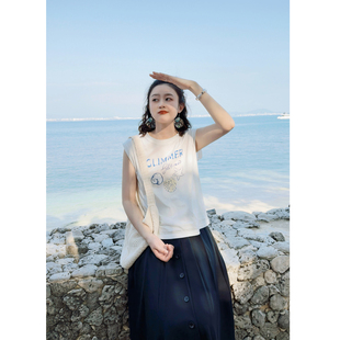 花吉C173白色贝壳印花日系无袖 夏背心 宽松圆领纯棉T恤女2026新款