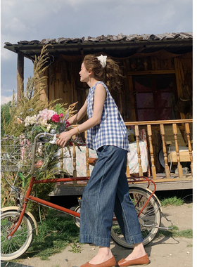 花吉K312蓝色高腰百搭复古直筒宽松柔软牛仔裤女2026新款夏阔腿裤