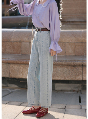 花吉K204浅蓝色高腰拼缝直筒牛仔裤女2025新款春九分水洗直筒裤