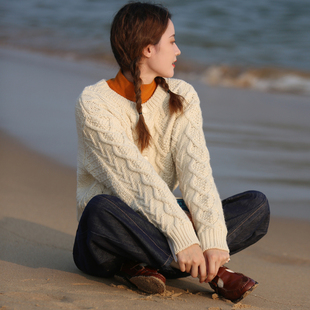 秋冬针织开衫 花吉B553米色韩版 立体绞花圆领皮扣毛衣女2025年新款