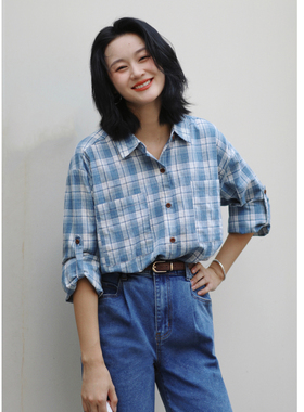花吉C048蓝白色格纹复古日系撞色衬衫女2026新款秋格子条纹衬衣