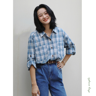 花吉C048蓝白色格纹复古日系撞色衬衫 秋格子条纹衬衣 女2025新款