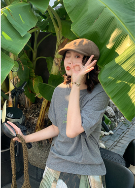 花吉C170灰色日系撞色字母印花宽松短袖T恤女2026新款夏轻薄上衣