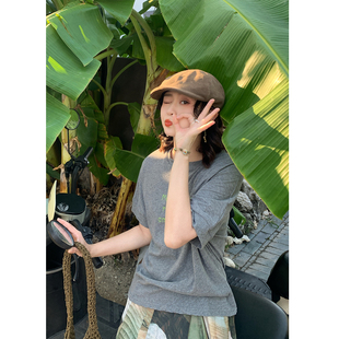 花吉C170灰色日系撞色字母印花宽松短袖 夏轻薄上衣 T恤女2026新款