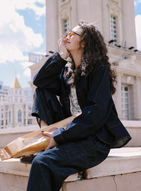 花吉B803深蓝色水洗复古宽松学院风短款日系牛仔外套女2025新款秋