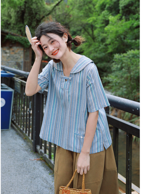 花吉C203蓝色搭扣竖条纹短袖套头衬衫女2026新款夏水手领宽松衬衣