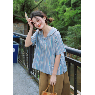 花吉C203蓝色搭扣竖条纹短袖套头衬衫女2026新款夏水手领宽松衬衣