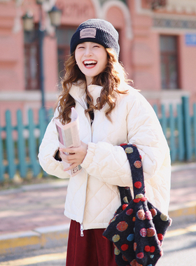 花吉B900米白色百搭立领菱格国标90绒羽绒服女2025新款冬季外套