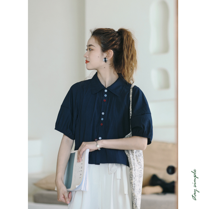 花吉B681米色三粒排列小彩扣甜美学院风短袖衬衫女2025新款夏衬衣