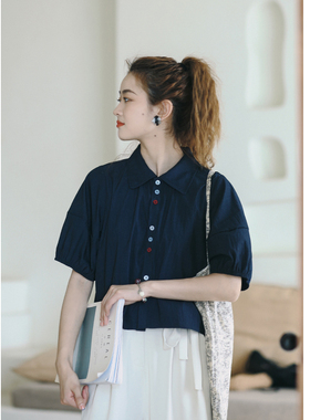 花吉B681米色三粒排列小彩扣甜美学院风短袖衬衫女2025新款夏衬衣