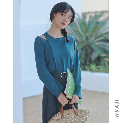 露肩开叉长袖纯棉女T恤