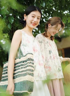 花吉C014风琴褶印花圆领衬衫女2026新款初秋中袖衬衣方领无袖背心